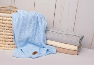 Dětská pletená deka 100% bavlna do postýlky / kočárku, lehká, prodyšná, 80x100 cm, světle modrá