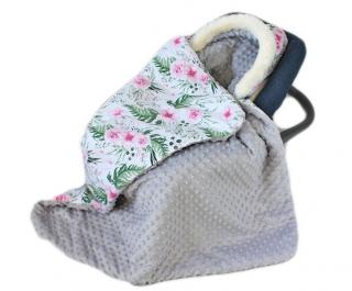 Dětská teplá deka s minky do kočárku / autosedačky, otvory na pásy, květinky / šedá, 90x90 cm