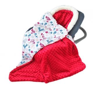 Dětská teplá deka s minky do kočárku / autosedačky, otvory na pásy, srnky / červená, 90x90 cm