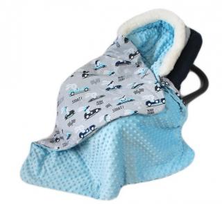 Dětská teplá deka s minky do kočárku / autosedačky, otvory na pásy, závody šedá / modrá, 90x90 cm