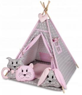 Dětský hrací stan pro holčičky s velkou výbavou (polštářky zvířátka), šedá / růžová