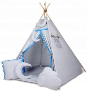 Dětský stan do pokojíčku indiánské teepee bavlněný s výbavou, šedá / modrá