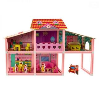 Domeček pro panenky dřevo / plast s příslušenstvím, růžový domek 89 x 23 x 55 cm