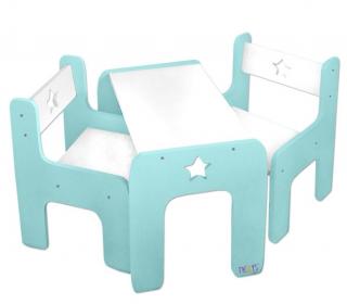 Set dětského nábytku do interiéru / na terasu, stůl + 2 židle, do 35 kg, mátová / bílá