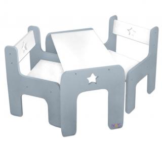 Set dětského nábytku do interiéru / na terasu, stůl + 2 židle, do 35 kg, šedá / bílá