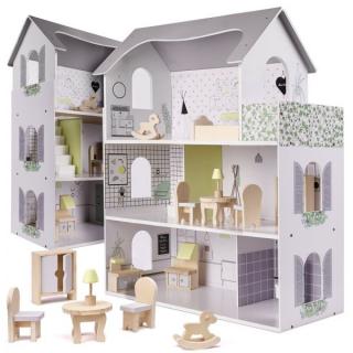 Velký dřevěný domek pro panenky včetně nábytku šedý 60x24x70 cm