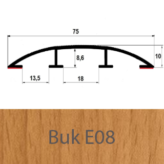 Přechodový profil hliníkový pro vedení kabelů 75 mm, oblý - samolepící Barva dekoru: buk E08, Délka lišty: 100 cm
