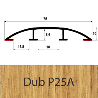 Přechodový profil hliníkový pro vedení kabelů 75 mm, oblý - samolepící Barva dekoru: dub P25A, Délka lišty: 100 cm