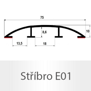 Přechodový profil hliníkový pro vedení kabelů 75 mm, oblý - samolepící Barva dekoru: stříbro E01, Délka lišty: 100 cm