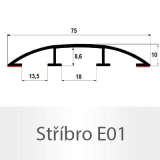 Přechodový profil hliníkový pro vedení kabelů 75 mm, oblý - samolepící Barva dekoru: stříbro E01, Délka lišty: 200 cm