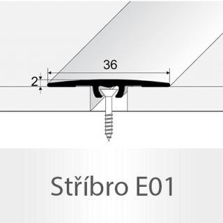 PROFIL Team - Přechodový profil 36 mm, plochý - narážecí Barva dekoru: stříbro E01, Délka lišty: 270 cm