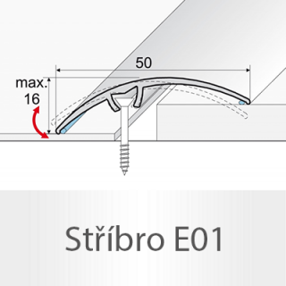 PROFIL Team - Přechodový profil 50 mm, oblý - narážecí Barva dekoru: stříbro E01, Délka lišty: 270 cm