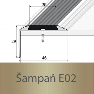 PROFIL Team - Schodová hrana 46 x 30 mm s protiskluzovou gumou, šroubovací Barva dekoru: šampaň E02, Délka lišty: 120 cm