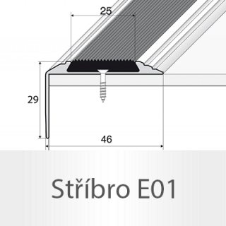 PROFIL Team - Schodová hrana 46 x 30 mm s protiskluzovou gumou, šroubovací Barva dekoru: stříbro E01, Délka lišty: 270 cm