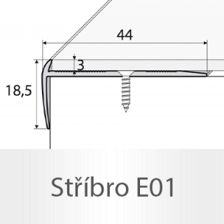 PROFIL Team - Schodová hrana - jednostranná 44 x 18,5 mm do 3mm Barva dekoru: stříbro E01, Délka lišty: 270 cm