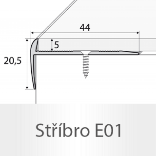 PROFIL Team - Schodová hrana - jednostranná  44 x 20,5 mm do 5mm Barva dekoru: stříbro E01, Délka lišty: 270 cm