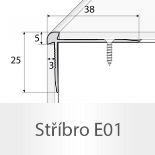 PROFIL Team - Schodová hrana - oboustranná 38 x 25 mm do 3mm Barva dekoru: stříbro E01, Délka lišty: 120 cm