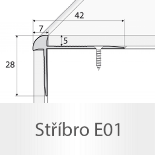 PROFIL Team - Schodová hrana - oboustranná 42 x 28 mm do 5mm Barva dekoru: stříbro E01, Délka lišty: 120 cm