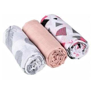 Baby Nellys Mušelínové pleny 3ks Lux - Tvary, pírka, 70 x 80 cm, šedá-růžová-bílá