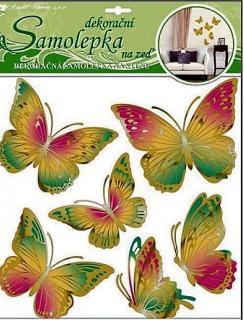 Samolepky na zeď motýli zelenooranžový s pohyblivými zlatými křídly 39x30cm
