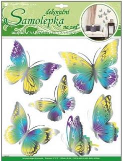 Samolepky na zeď motýli žlutomodří s pohyblivými stříbrnými křídly 30,5x30,5cm