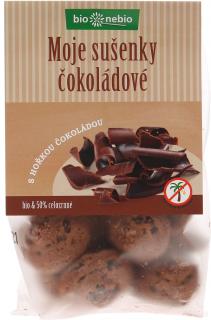 Bio MOJE SUŠENKY čokoládové bio*nebio 130 g (MOJE SUŠENKY čokoládové obsahují kousky poctivé 60% hořké čokolády, místo bílého cukru přírodní třtinový cukr a  místo palmového tuku kokosový olej. Čokoládová chuť je umocněna kakaem, špetkou Bourbon vanilky a