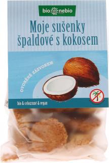 Bio MOJE SUŠENKY špaldové s kokosem bio*nebio 130 g (Tyto sušenky jsou upečeny v malé rodinné pekárně z celozrnné špaldové mouky se štědrou dávkou strouhaného kokosu a špetkou mletého zázvoru. Špalda je původní druh pšenice.)