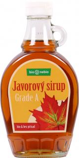 Javorový sirup 100% Grade A BIO 250 ml (Javorový sirup v A kvalitě, obsahuje množství složek působících pozitivně na lidské zdraví. U tohoto sladidla se konkrétně jedná o minerální látky (např. zinek, železo, draslík, mangan, vápník či fosfor), vitamín B,