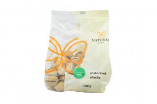 Ořechy pistáciové - Natural 100 g (Pistáciové ořechy obsahují 20% bílkovin, 40-60% tuků, 15% sacharidů. Jsou bohaté na omega-9 nenasycené mastné kyseliny, vitamin E, který přispívá k detoxikaci organismu, a vitaminu B1 a B3, nezbytné pro správnou činnost)