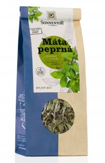 Sonnentor Máta peprná bio syp. 50 g (Tato chladivá rostlina je bylinou pro "horké hlavy" a je velmi oblíbená v teplých zemích, jako je Maroko. Při přípravě jemného neobyčejně osvěžujícího čaje se listy máty peprné zalijí vroucí vodou.)