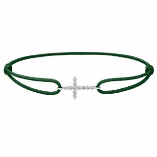 Provázkový náramek Little Cross z bílého zlata s diamanty Šnůrkové náramky: tmavě zelený