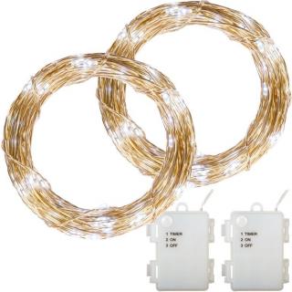 2x mini LED svítící dekorativní řetěz venkovní + vnitřní, diody na drátku, studeně bílý, na baterie, 20 m