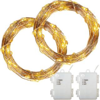 2x mini LED svítící dekorativní řetěz venkovní + vnitřní, diody na drátku, teple bílý, na baterie, 20 m