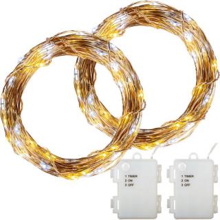 2x světelný řetěz- drátek s LED diodami venkovní + vnitřní, teple / stud. bílá, na baterie, 10 m