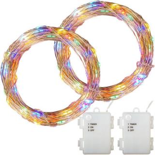 2x světelný vánoční řetěz- drátek s mikro led diodami venkovní + vnitřní, barevný, 10 m