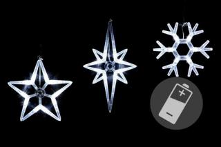 3x svítící sněhová vločka / hvězda do okna velká, LED, na baterie, vnitřní, 19 cm