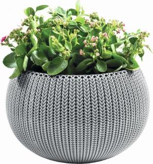 Dekorativní květináč plast uříznutá koule v designu háčkování, závěsný / stojací, šedý, průměr 36 cm