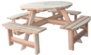 Dřevěný zahradní set nábytku z masivu- kulatý stůl a lavice pro 8 osob, nelakovaný, průměr 180 cm