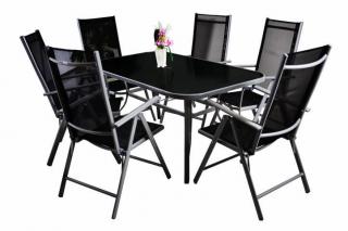 Elegantní kovová sestava zahradního nábytku pro 6 osob, polohovací skládací židle, černá / šedá
