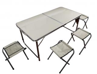 Kempingový set v přenosném kufříku- stůl + 4 židličky, hliník, 120x60 cm