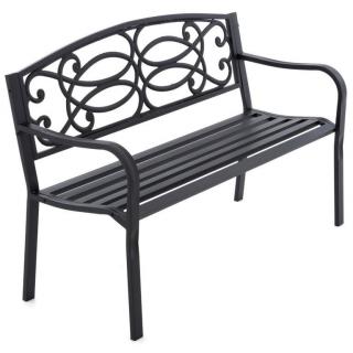 Kovová venkovní odpočinková lavička se zdobeným opěradlem, černá, 127x85,5 cm