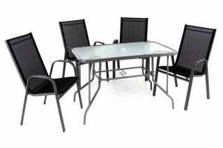 Kovový nábytek na terasu pro 4 osoby, stůl se skleněnou deskou + 4 židle, černá / šedá