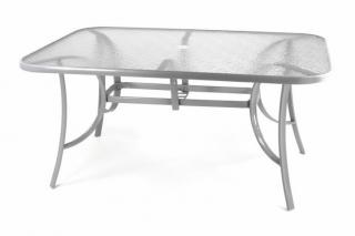 Kovový zahradní stůl s poloprůhledným sklem, otvor na slunečník, šedý, 150x97 cm