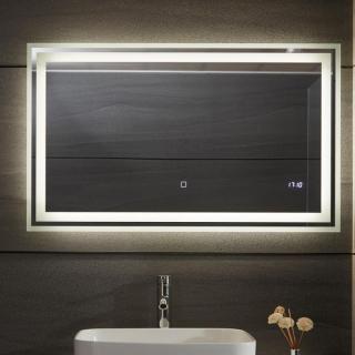 Moderní koupelnové zrcadlo s hodinami a osvětlením obdélníkové 100x60 cm