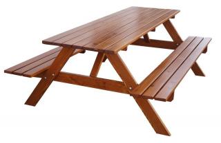 Pivní set - stůl spojený se 2 lavicemi, masiv borovice + lak kaštan, tmavě hnědý, 220 cm