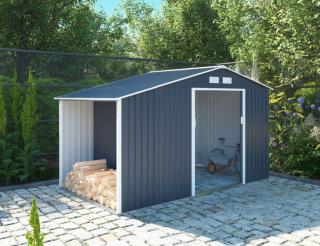 Plechový zahradní domek na nářadí s přístřeškem na dřevo, šedý, 195x278x127 cm