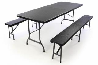 Skládací pivní set- stůl + 2 lavice, ratanový design, černý, 180 cm
