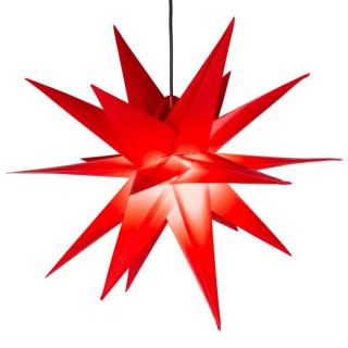 Velká vánoční hvězda k zavěšení, osvětlená LED žárovkou, na baterie, časovač, červená, 55 cm