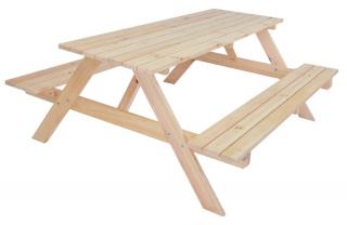 Venkovní dřevěný set nábytku stůl spojený s lavicemi, přírodní nelakované dřevo, 180 cm