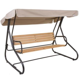Zahradní rodinná houpací lavice s kovovým rámem a dřevěným sedákem, textilní stříška béžová, 200 cm